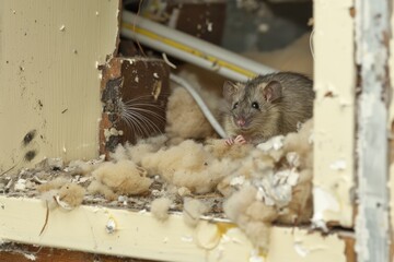 Brown rat nests within house insulation, gnawing on wires, highlighting the common issues of rodent infestations in residential areas