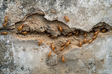 Close-up image of termites crawling on a cracked, decaying wall, showcasing pest infestation and the need for damage control