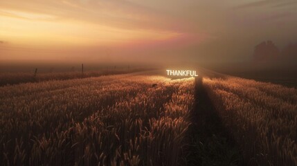 Neon Text Art In Dreamy Landscapes. Sunset in the wheat field, glowing neon sign THANKFUL.