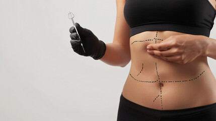 Plastic surgeon applying marks on female body against