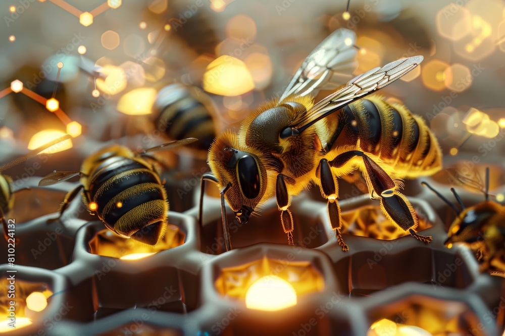Poster Detailed macro view of a honeybee working on a hive with soft focus background and glowing honeycomb cells