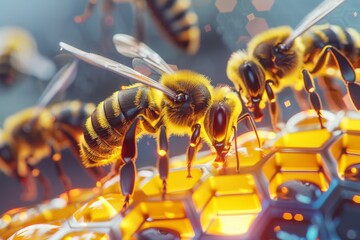 Detailed image of futuristic robotic bees hovering over a glowing hexagonal grid, representing advanced technology inspired by nature