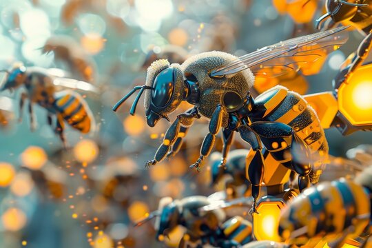 Mechanical bees with intricate detail swarming collectively in a vibrant, futuristic environment: a digitally-rendered depiction of advanced bio-mimicry technology