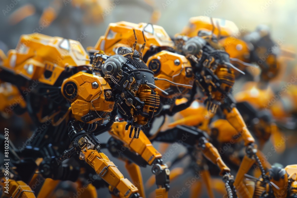 Aufkleber Impressive visual of a team of futuristic yellow robots moving in unison, suggesting cutting-edge technology and ai capabilities