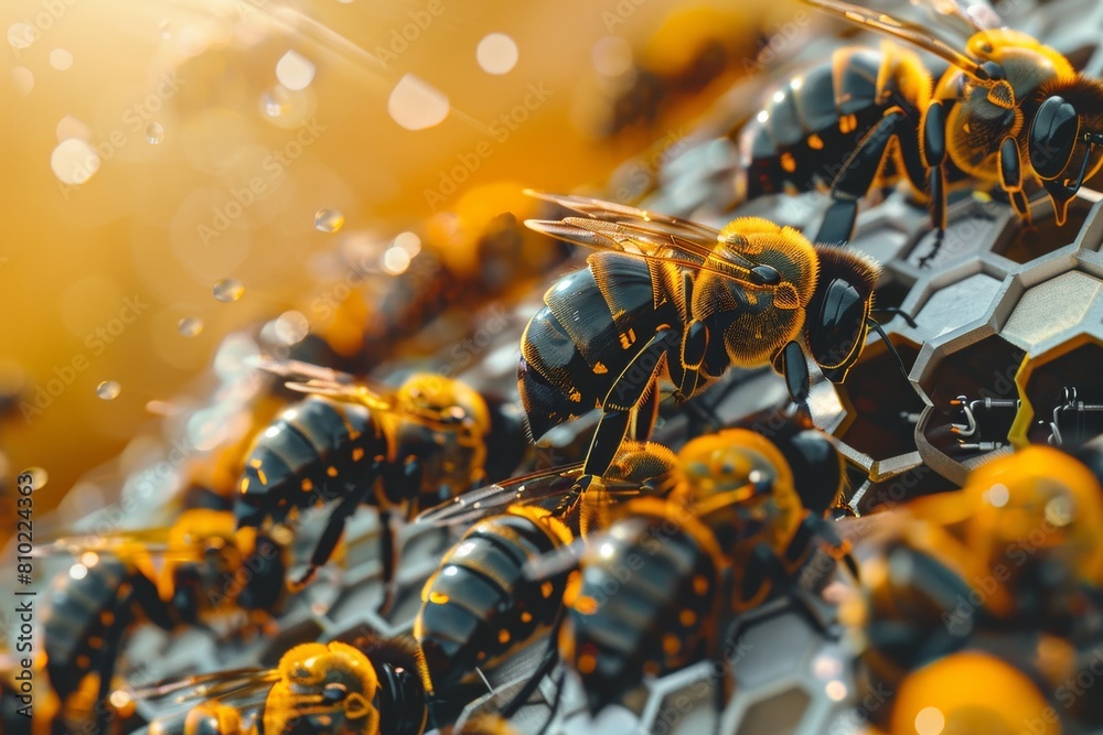 Poster busy honey bees working on honeycomb with golden sunlight highlighting their teamwork and shiny wing