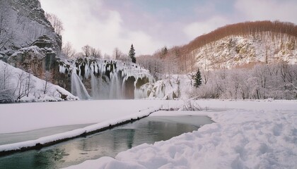 frozen lakes and waterfalls in plitvice lakes national park croatia