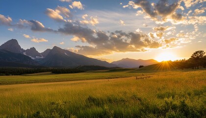 the sun is setting casting a warm afterglow over the grassy field with mountains in the background cumulus clouds dot the sky creating a picturesque natural landscape - Powered by Adobe