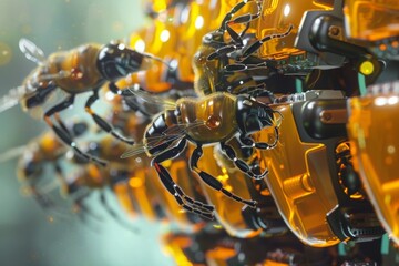 Fototapeta premium Vibrant 3d visualization of a robotic bee swarm with intricate details and futuristic technological elements