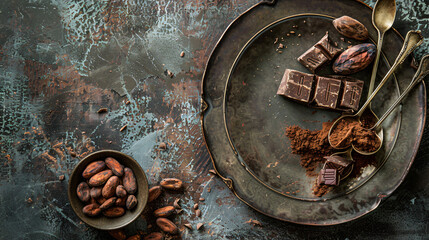 Plate and spoons with cacao beans and chocolate on gru