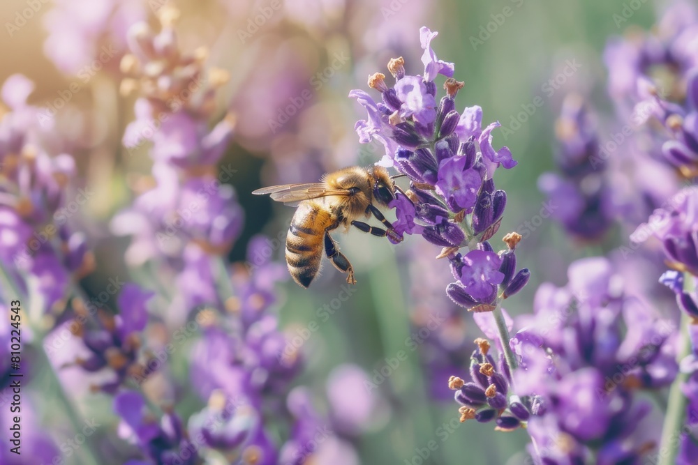 Poster close-up shot capturing a honeybee on lavender blooms with detailed wings and soft, sunlit garden ba