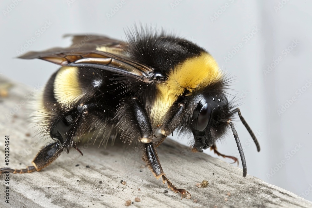 Poster detailed macro image of a fuzzy bumblebee resting, showcasing its intricate wings and vibrant yellow