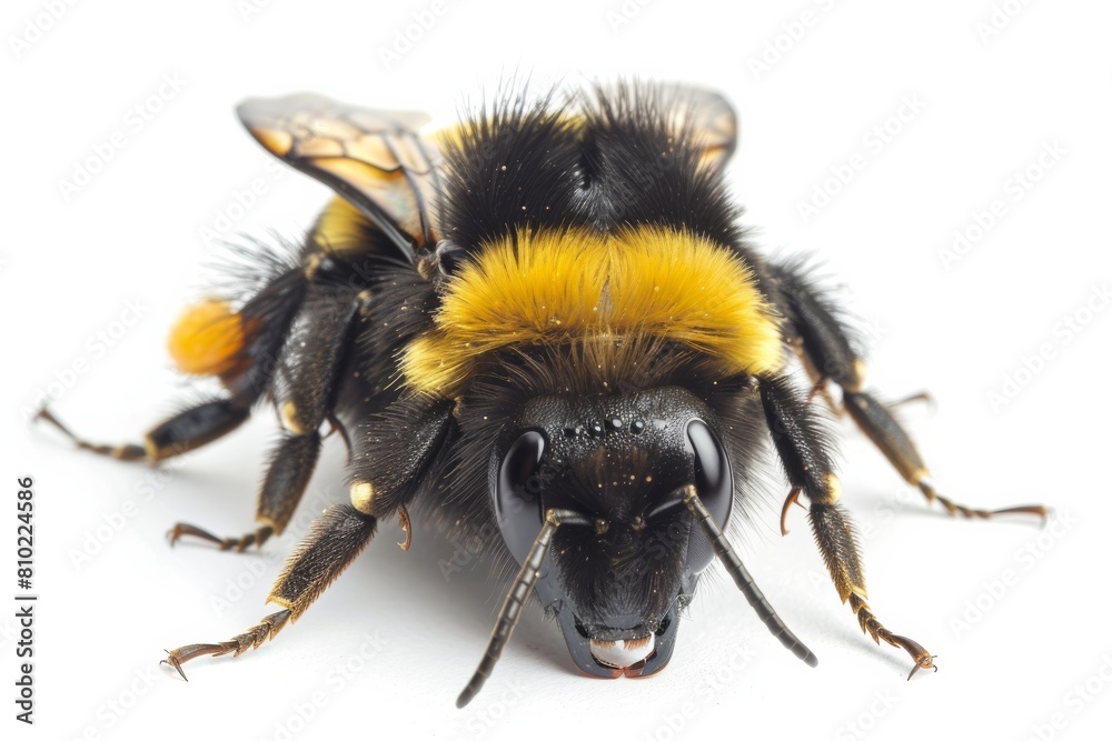 Poster Close-up macro photograph of a bumblebee with intricate wing structure and vibrant colors, isolated on a white background