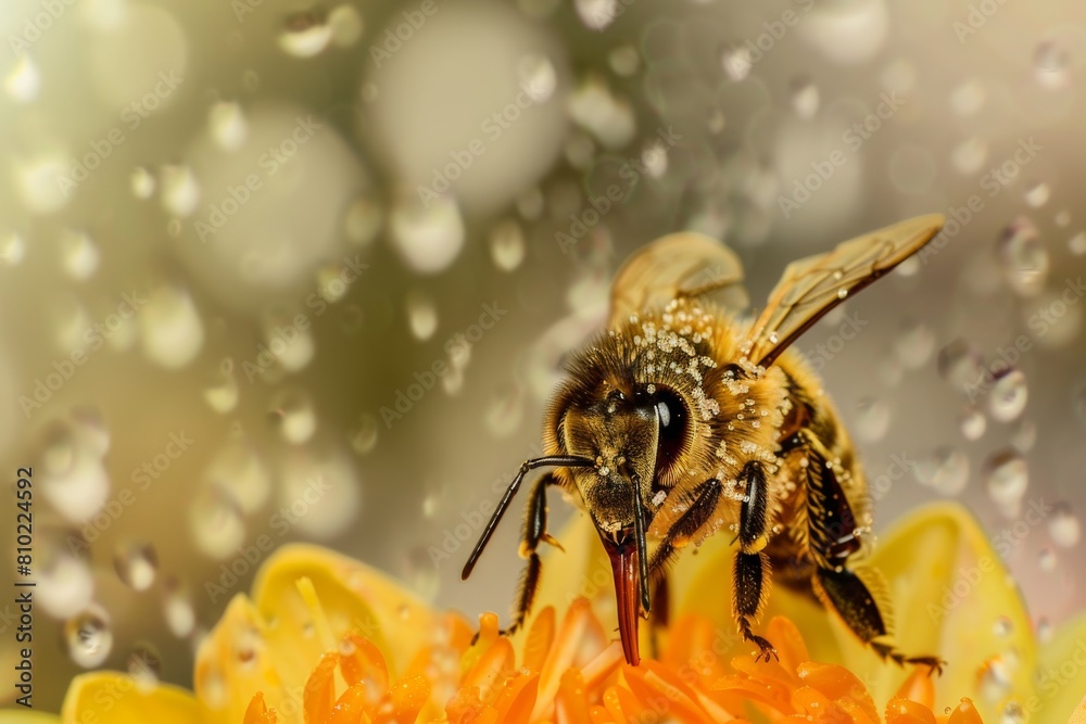 Poster close-up of a diligent honeybee covered in pollen on a vibrant orange flower amidst a delicate mist 