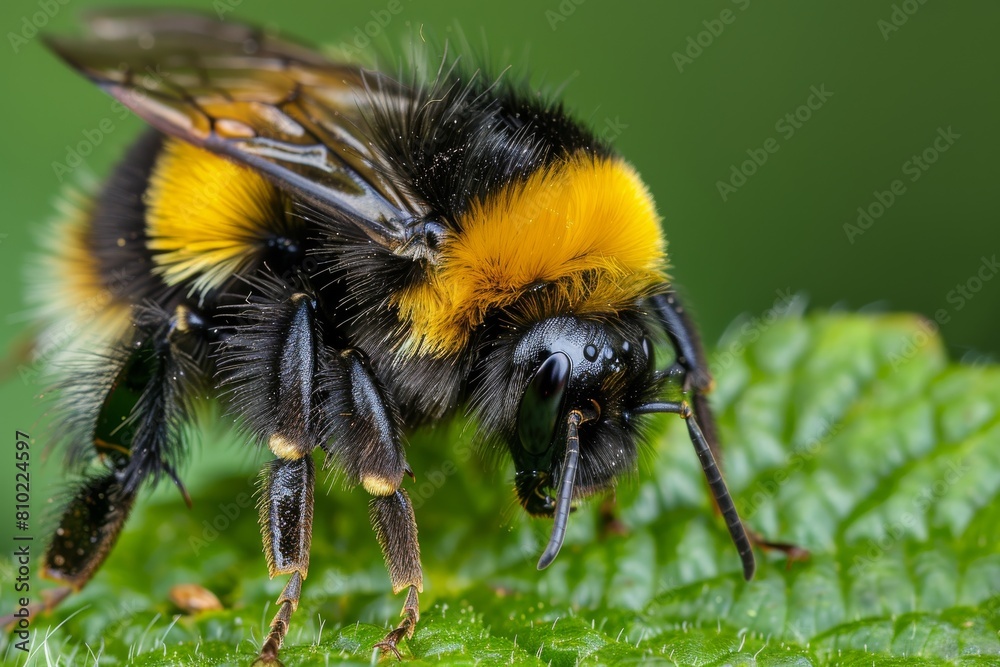 Poster Macro photo of a colorful bumblebee with intricate wings perched on the intricate surface of a lush green leaf
