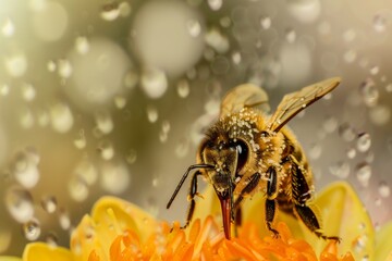 Close-up of a diligent honeybee covered in pollen on a vibrant orange flower amidst a delicate mist of sparkling water droplets