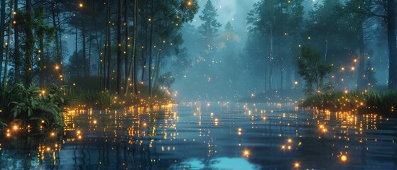 Magical Forest with Glowing Fireflies Over Serene Lake, Night Scene and Reflective Water, Mystical Atmosphere