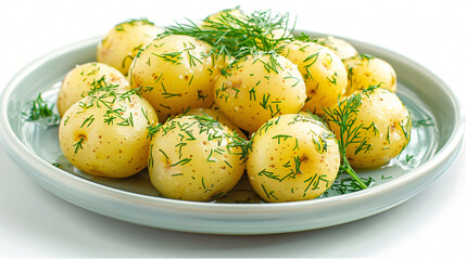 Plate of boiled baby potatoes with dill on white background