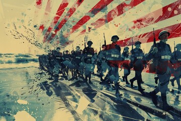 Fototapeta premium Military Art with Soldiers Marching, War Collage and Abstract Painting, Historic Military and Dramatic Illustration