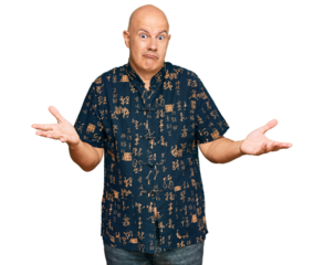 Middle age bald man wearing casual clothes clueless and confused expression with arms and hands raised. doubt concept.