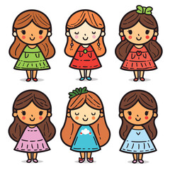Six illustrated girls smiling, different hair colors dresses. Cute cartoon female characters, kids, standing colorful clothing. Happy children illustrations, isolated white background