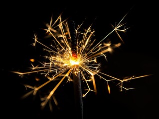 Immerse yourself in the mesmerizing beauty of a close-up shot capturing a sparkling sparkler, radiating bright sparks against a deep black backdrop