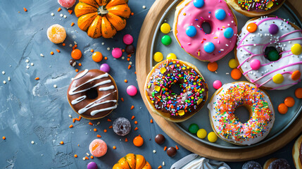 Plate of tasty donuts for Halloween with candies 