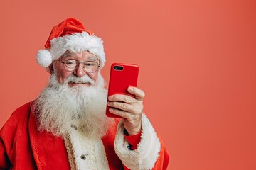 Smiling Santa Claus bust with red smartphone, pastel background