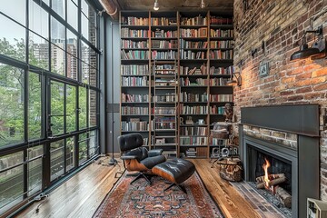 Loft Library with Industrial Accents: Floor-to-ceiling bookshelves, rolling library ladder, leather armchair, exposed brick fireplace