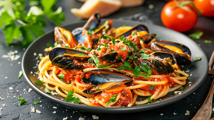 Plate of tasty Mussels Marinara with spaghetti on dark