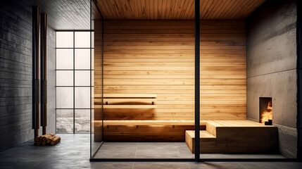 A wood-paneled room with a fireplace and a glass door. The room is dimly lit and has a cozy atmosphere