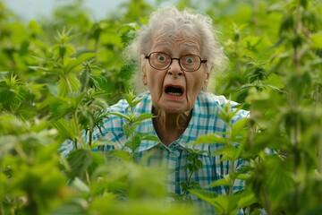 French expression "faut pas pousser mémé dans les orties" with an image of an elderly woman standing amidst a field of stinging nettles, looking startled and uncomfortable