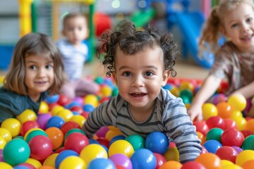 Happy children playing in a colorful ball pit at a daycare
