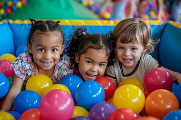Happy children playing in a colorful ball pit at a daycare