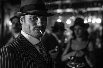 Obraz premium From the Roaring Twenties, a dapper man in a pinstripe suit and fedora, smoking a cigarette in a jazz-filled speakeasy, surrounded by flappers and gangsters