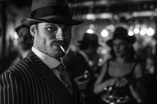 From the Roaring Twenties, a dapper man in a pinstripe suit and fedora, smoking a cigarette in a jazz-filled speakeasy, surrounded by flappers and gangsters