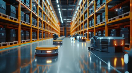 Futuristic robots navigating through aisles in a well-organized warehouse.