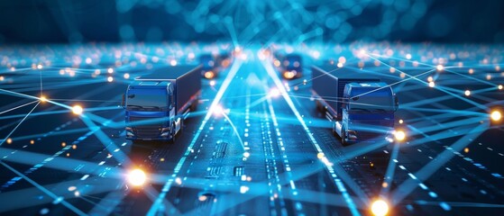 Smart Transportation with Connected Trucks in Digital Network, Autonomous Vehicles and Blue Neon Lights, Logistics Technology