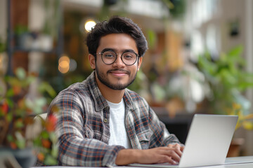 Obraz premium Young man working on laptop in a cozy café setting
