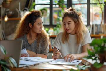 Two young women collaborating over papers at a bright café
