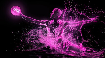 Neon pink silhouette of man playing water polo on black background