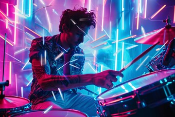 A close-up of a man drumming on a set of modern electronic drums, surrounded by a futuristic neon-lit stage, his movements synchronized with the pulsating beats of electronic music