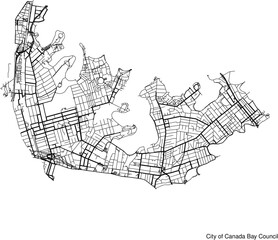 Street map of City of Canada Bay Council in Australia in black and white with title