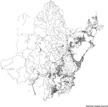 Street map of Central Coast Council in Australia in black and white with title