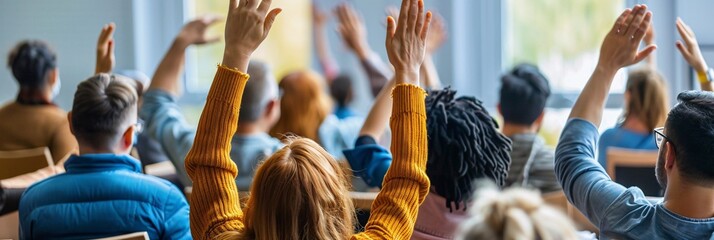 Back view of individuals raising their hands during a conference