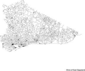 Street map of Shire of East Gippsland in Australia in black and white with title