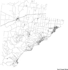 Street map of Surf Coast Shire in Australia in black and white with title