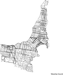 Street map of Waverley Council in Australia in black and white with title