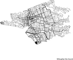 Street map of Willoughby City Council in Australia in black and white with title