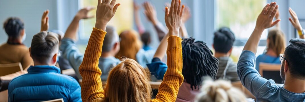 Back view of individuals raising their hands during a conference