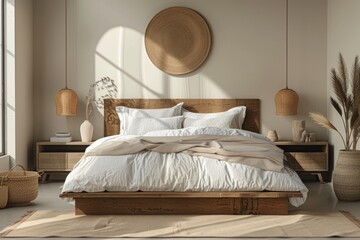Minimalist Bedroom Mockup: A serene bedroom with a platform bed, customizable bedding options, and minimalist decor
